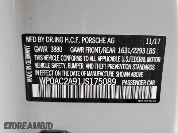 2018 Porsche 911 GT3 with VIN WP0AC2A91JS175089, listed as a Copart auction lot 81383754 with 15,702 mi miles and Salvage Title. Bid and sale history available at DreamBid. Image 13.