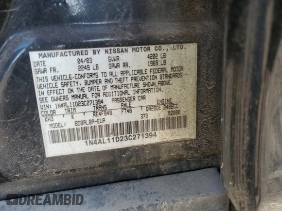 2003 Nissan Altima S with VIN 1N4AL11D23C271394, listed as a Copart auction lot 47514265 with 153,763 mi miles and Salvage Title. Bid and sale history available at carsss.com. Image 12.
