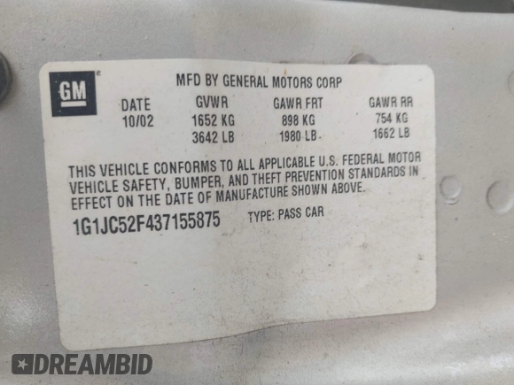 2003 Chevrolet Cavalier with VIN 1G1JC52F437155875, listed as a IAAI auction lot 42504722 with 124,074 mi miles and . Bid and sale history available at DreamBid. Image 9.