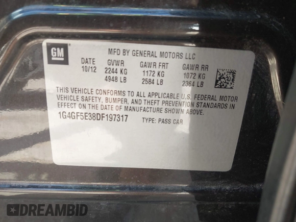 2013 Buick LaCrosse Premium 1 with VIN 1G4GF5E38DF197317, listed as a IAAI auction lot 42217095 with 202,520 mi miles and . Bid and sale history available at DreamBid. Image 9.