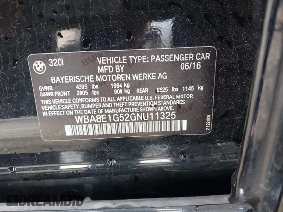 2016 BMW 3 Series 320i with VIN WBA8E1G52GNU11325, listed as a IAAI auction lot 42058241 with 104,596 mi miles and . Bid and sale history available at carsss.com. Image 9.