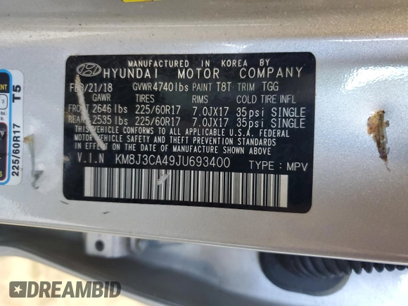 2018 Hyundai Tucson SEL with VIN KM8J3CA49JU693400, listed as a Copart auction lot 52046405 with Not provided miles and Salvage title. Bid and sale history available at DreamBid. Image 14.