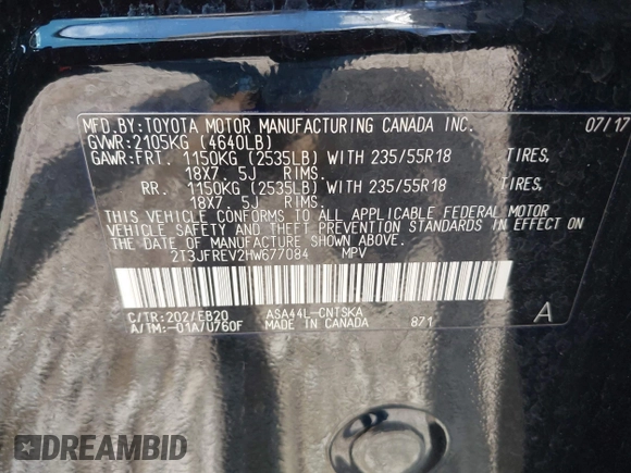 2017 Toyota RAV4 SE z VIN 2T3JFREV2HW677084, wystawiony jako IAAI lot #42236638 z przebiegiem 107 343 mil mil oraz . Historia ofert i sprzedaży dostępna na DreamBid. Obrazek 9.