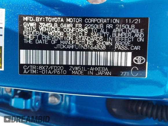 2022 Toyota Prius L Eco with VIN JTDKAMFU1N3164838, listed as a IAAI auction lot 42234309 with 45,451 mi miles and . Bid and sale history available at DreamBid. Image 9.