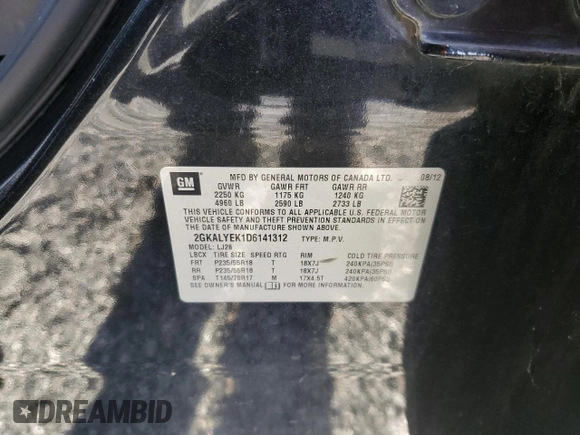 2013 GMC Terrain Denali with VIN 2GKALYEK1D6141312, listed as a Copart auction lot 49402365 with 185,104 mi miles and Salvage Title. Bid and sale history available at DreamBid. Image 16.