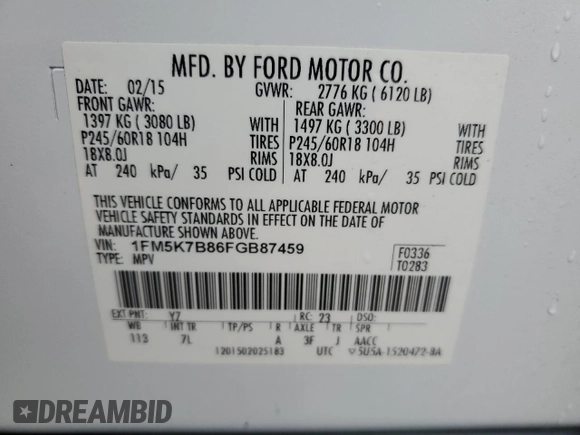 2015 Ford Explorer с VIN 1FM5K7B86FGB87459, выставлен на аукционе Copart как лот 69516334 с пробегом 101 384 миль миль и Списание • Salvage title. История ставок и продаж доступна на DreamBid. Изображение 13.