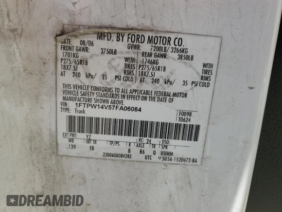 2007 Ford F-150 XLT with VIN 1FTPW14V57FA06084, listed as a Copart auction lot 48765955 with 209,625 mi miles and Salvage Title. Bid and sale history available at carsss.com. Image 14.