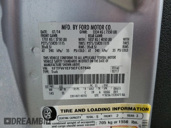 2014 Ford F-150 XL with VIN 1FTFW1EF5EFC57848, listed as a Copart auction lot 55466065 with 182,723 mi miles and Clean Title. Bid and sale history available at carsss.com. Image 12.