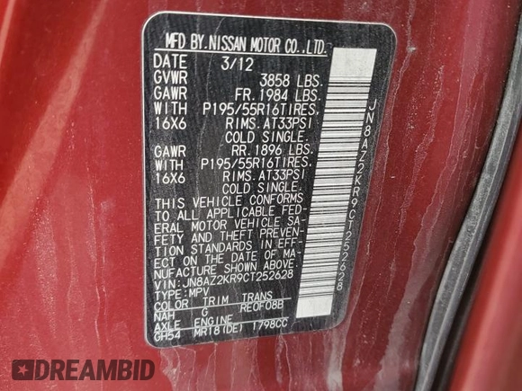 2012 Nissan Cube 1.8 S with VIN JN8AZ2KR9CT252628, listed as a Copart auction lot 47381215 with 183,723 mi miles and Salvage Title. Bid and sale history available at carsss.com. Image 12.
