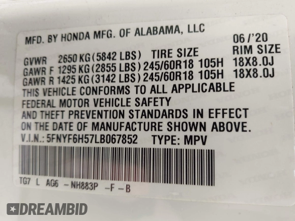 2020 Honda Pilot EX-L z VIN 5FNYF6H57LB067852, wystawiony jako IAAI lot #42172590 z przebiegiem 109 026 mil mil oraz . Historia ofert i sprzedaży dostępna na DreamBid. Obrazek 9.