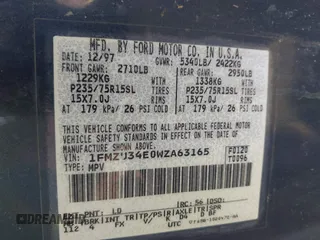 1998 Ford Explorer XL z VIN 1FMZU34E0WZA63165, wystawiony jako IAAI lot #42062724 z przebiegiem 140 575 mil mil oraz . Historia ofert i sprzedaży dostępna na DreamBid. Obrazek 9.