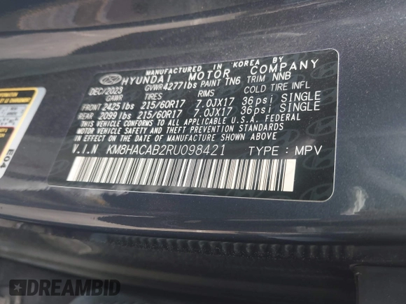 2024 Hyundai Kona SE with VIN KM8HACAB2RU098421, listed as a IAAI auction lot 41724883 with 12,033 mi miles and . Bid and sale history available at carsss.com. Image 9.