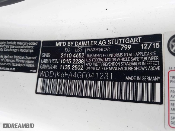 2016 Mercedes-Benz SL with VIN WDDJK6FA4GF041231, listed as a IAAI auction lot 41629978 with 1 mi miles. Bid and sale history available at carsss.com. Image 9.