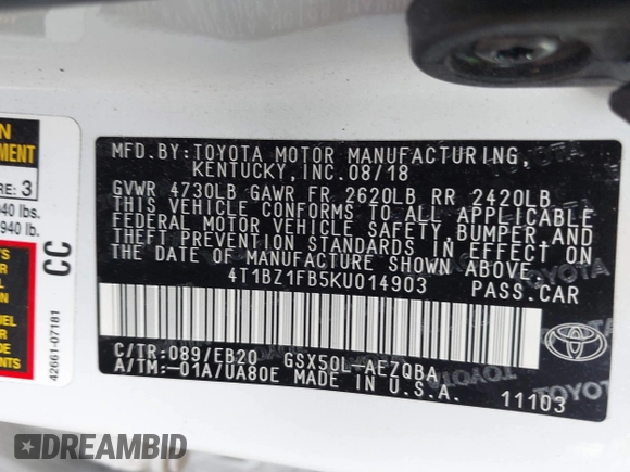 2019 Toyota Avalon XLE with VIN 4T1BZ1FB5KU014903, listed as a IAAI auction lot 41388692 with 100,599 mi miles. Bid and sale history available at carsss.com. Image 9.