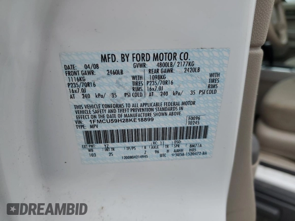 2008 Ford Escape Hybrid with VIN 1FMCU59H28KE18899, listed as a Copart auction lot 57796785 with 100,145 mi miles and Clean title. Bid and sale history available at DreamBid. Image 13.