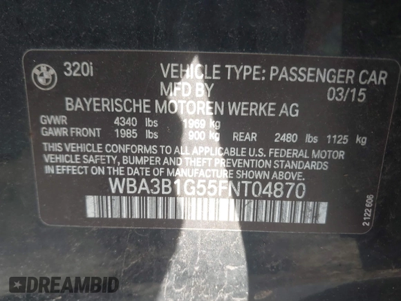 2015 BMW 3 Series 320i with VIN WBA3B1G55FNT04870, listed as a IAAI auction lot 42141211 with 249,720 mi miles. Bid and sale history available at carsss.com. Image 9.