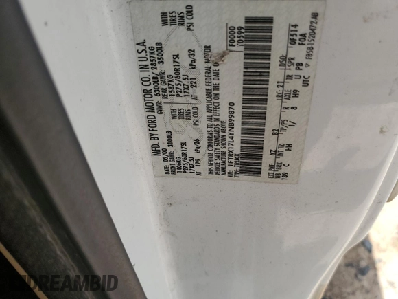 2000 Ford F-150 XL with VIN 1FTRX17L4YNB99870, listed as a Copart auction lot 60287985 with Not provided miles and Salvage title. Bid and sale history available at DreamBid. Image 12.