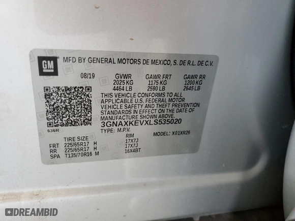 2020 Chevrolet Equinox LT with VIN 3GNAXKEVXLS535020, listed as a Copart auction lot 46544255 with 59,793 mi miles and Salvage Title. Bid and sale history available at carsss.com. Image 14.
