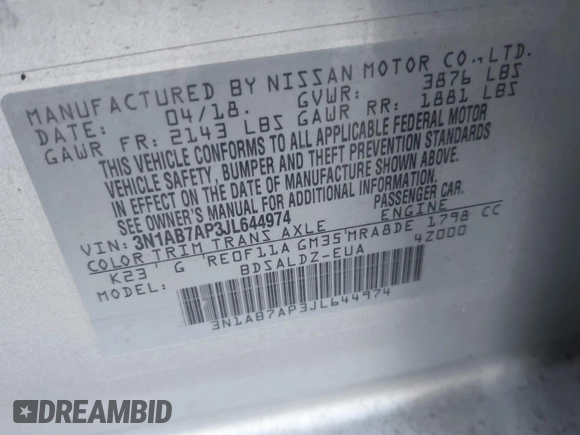 2018 Nissan Sentra SV with VIN 3N1AB7AP3JL644974, listed as a IAAI auction lot 41244714 with 90,458 mi miles and . Bid and sale history available at carsss.com. Image 9.