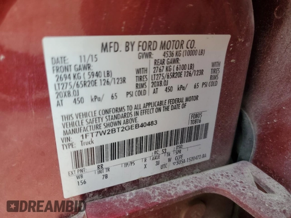 2016 Ford F-250 Lariat z VIN 1FT7W2BT2GEB40483, wystawiony jako Copart lot #59313445 z przebiegiem Nie podano mil oraz Szkoda całkowita • Salvage title. Historia ofert i sprzedaży dostępna na DreamBid. Obrazek 12.