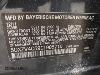 2012 BMW X5 35i z VIN 5UXZV4C59CL985715, wystawiony jako IAAI lot #42307586 z przebiegiem 105 147 mil mil oraz . Historia ofert i sprzedaży dostępna na DreamBid. Obrazek 9.