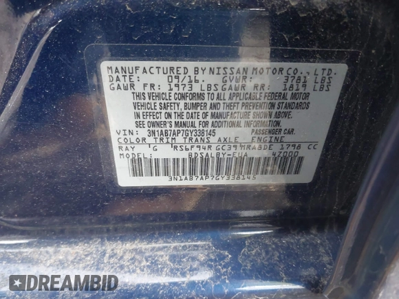 2016 Nissan Sentra SV with VIN 3N1AB7AP7GY338145, listed as a IAAI auction lot 41810016 with 77,970 mi miles and . Bid and sale history available at DreamBid. Image 9.