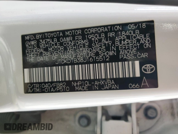 2018 Toyota Prius One with VIN JTDKDTB38J1615512, listed as a Copart auction lot 52892395 with 53,980 mi miles and Clean Title. Bid and sale history available at DreamBid. Image 12.