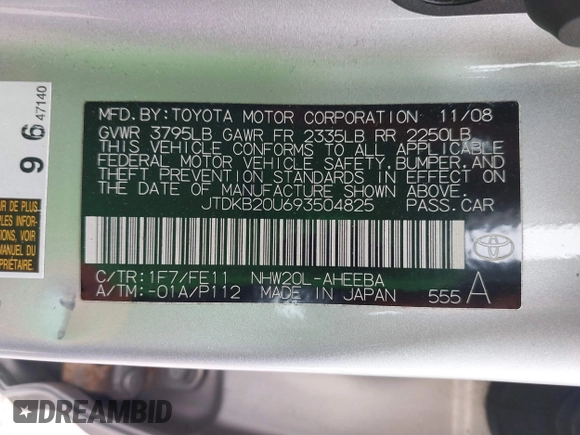 2009 Toyota Prius with VIN JTDKB20U693504825, listed as a IAAI auction lot 41731807 with 247,433 mi miles. Bid and sale history available at carsss.com. Image 9.