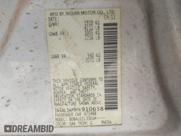 2015 Nissan Altima SL with VIN 1N4AL3AP9FN910658, listed as a IAAI auction lot 41839779 with 289,614 mi miles and . Bid and sale history available at DreamBid. Image 9.