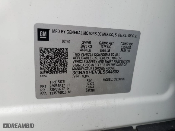 2020 Chevrolet Equinox LS with VIN 3GNAXHEV3LS644602, listed as a Copart auction lot 50552395 with 53,187 mi miles and Salvage Title. Bid and sale history available at carsss.com. Image 14.