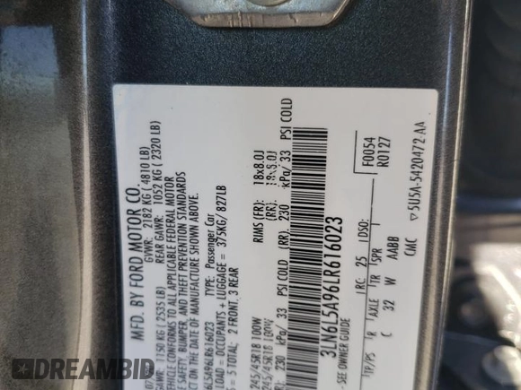 2020 Lincoln MKZ Standard with VIN 3LN6L5A96LR616023, listed as a Copart auction lot 42431565 with 81,547 mi miles and Salvage Title. Bid and sale history available at DreamBid. Image 12.