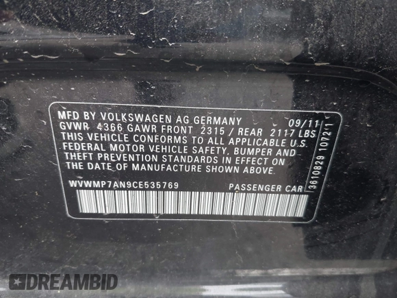 2012 Volkswagen CC R-Line with VIN WVWMP7AN9CE535769, listed as a IAAI auction lot 42409701 with 120,048 mi miles and . Bid and sale history available at DreamBid. Image 9.