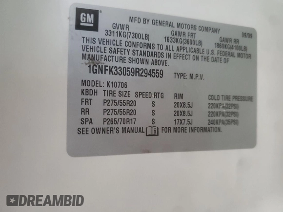 2009 Chevrolet Tahoe LTZ with VIN 1GNFK33059R294559, listed as a Copart auction lot 59545335 with 173,672 mi miles and Clean title. Bid and sale history available at DreamBid. Image 13.