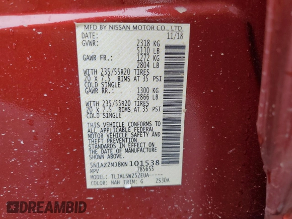 2019 Nissan Murano S with VIN 5N1AZ2MJ8KN101538, listed as a Copart auction lot 54148265 with 32,425 mi miles and Salvage Title. Bid and sale history available at carsss.com. Image 13.