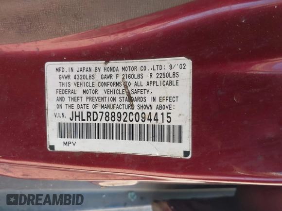 2002 Honda CR-V EX with VIN JHLRD78892C094415, listed as a IAAI auction lot 42406205 with 218,279 mi miles and . Bid and sale history available at DreamBid. Image 9.
