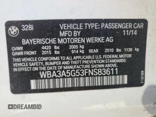 2015 BMW 3 Series 328i with VIN WBA3A5G53FNS83611, listed as a Copart auction lot 52117425 with 164,675 mi miles and Salvage Title. Bid and sale history available at carsss.com. Image 12.