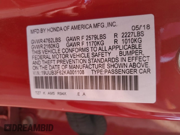 2019 Acura TLX w/A-Spec Pkg with VIN 19UUB3F62KA001108, listed as a Copart auction lot 48525965 with 42,451 mi miles and Salvage title. Bid and sale history available at DreamBid. Image 12.