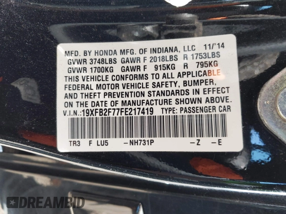 2015 Honda Civic Sedan SE with VIN 19XFB2F77FE217419, listed as a IAAI auction lot 41773049 with 150,891 mi miles. Bid and sale history available at carsss.com. Image 9.
