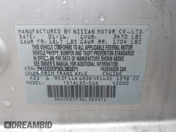 2016 Nissan Note S with VIN 3N1CE2CP3GL383371, listed as a IAAI auction lot 42237836 with 77,263 mi miles and . Bid and sale history available at DreamBid. Image 9.