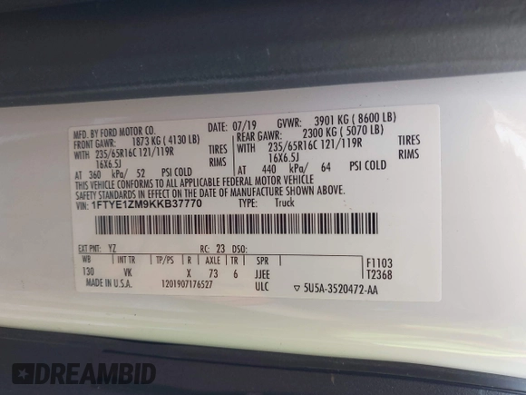 2019 Ford Transit with VIN 1FTYE1ZM9KKB37770, listed as a IAAI auction lot 41626395 with 71,214 mi miles. Bid and sale history available at carsss.com. Image 9.