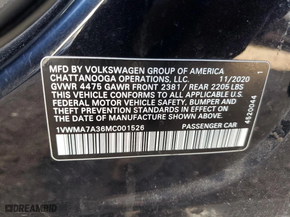 2021 Volkswagen Passat 2.0T R-Line with VIN 1VWMA7A36MC001526, listed as a Copart auction lot 78730634 with 85,516 mi miles and Salvage Title. Bid and sale history available at carsss.com. Image 12.