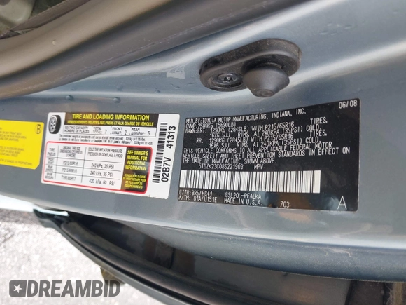 2008 Toyota Sienna CE with VIN 5TDZK23C08S221903, listed as a IAAI auction lot 41957782 with 169,245 mi miles and . Bid and sale history available at carsss.com. Image 9.