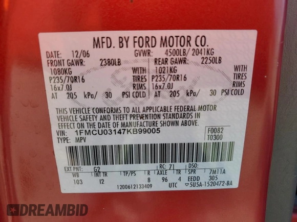 2007 Ford Escape XLT with VIN 1FMCU03147KB99005, listed as a Copart auction lot 76343974 with 142,759 mi miles and Salvage Title. Bid and sale history available at carsss.com. Image 13.