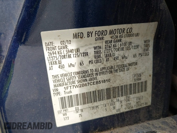 2012 Ford F-250 XL with VIN 1FT7W2B67CEB51810, listed as a IAAI auction lot 42492001 with 197,840 mi miles and . Bid and sale history available at DreamBid. Image 9.