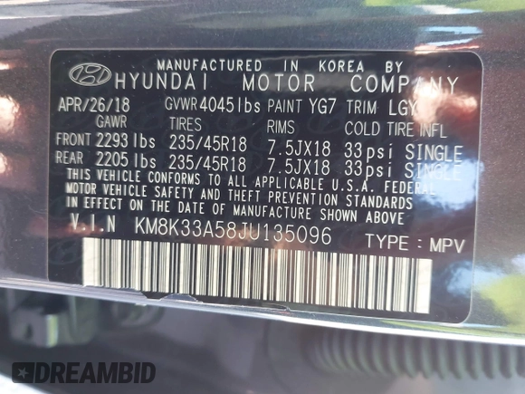 2018 Hyundai Kona Limited with VIN KM8K33A58JU135096, listed as a IAAI auction lot 41989321 with 66,939 mi miles. Bid and sale history available at carsss.com. Image 9.