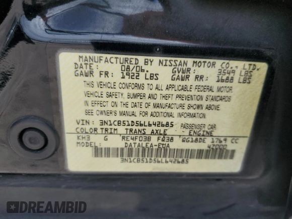 2006 Nissan Sentra S with VIN 3N1CB51D56L642685, listed as a Copart auction lot 52544245 with 94,340 mi miles and Salvage Title. Bid and sale history available at DreamBid. Image 12.