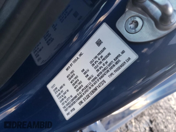 2022 Tesla Model 3 Long Range with VIN 5YJ3E1EB0NF147376, listed as a Copart auction lot 87017294 with 23,149 mi miles and Salvage Title. Bid and sale history available at carsss.com. Image 15.