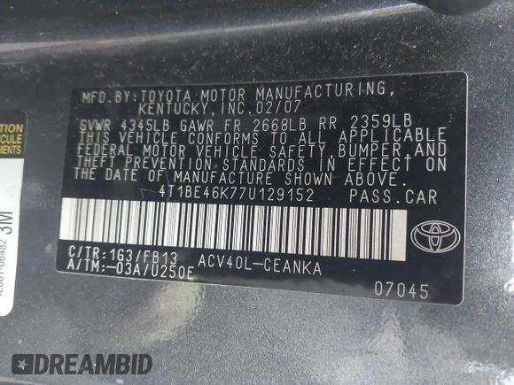 2007 Toyota Camry CE with VIN 4T1BE46K77U129152, listed as a IAAI auction lot 42107149 with 203,722 mi miles and . Bid and sale history available at DreamBid. Image 9.