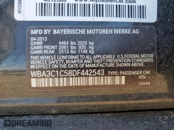 2013 BMW 3 Series 328i with VIN WBA3C1C58DF442543, listed as a Copart auction lot 43317435 with 106,994 mi miles and Clean Title. Bid and sale history available at carsss.com. Image 14.