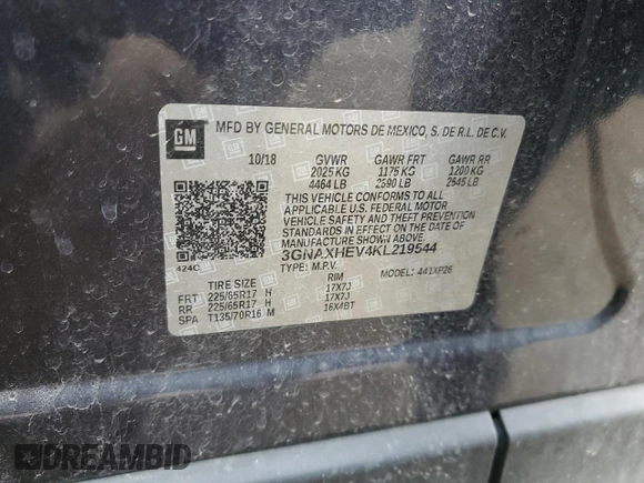 2019 Chevrolet Equinox LS with VIN 3GNAXHEV4KL219544, listed as a Copart auction lot 52027775 with 57,789 mi miles and Clean Title. Bid and sale history available at DreamBid. Image 13.
